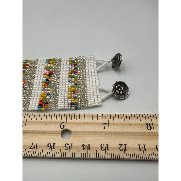 Beaded Bracelet Wide Cuff Multicolor Seed Beads White Silver Tone 925 Clasp 7.5" - Picture 8 of 9